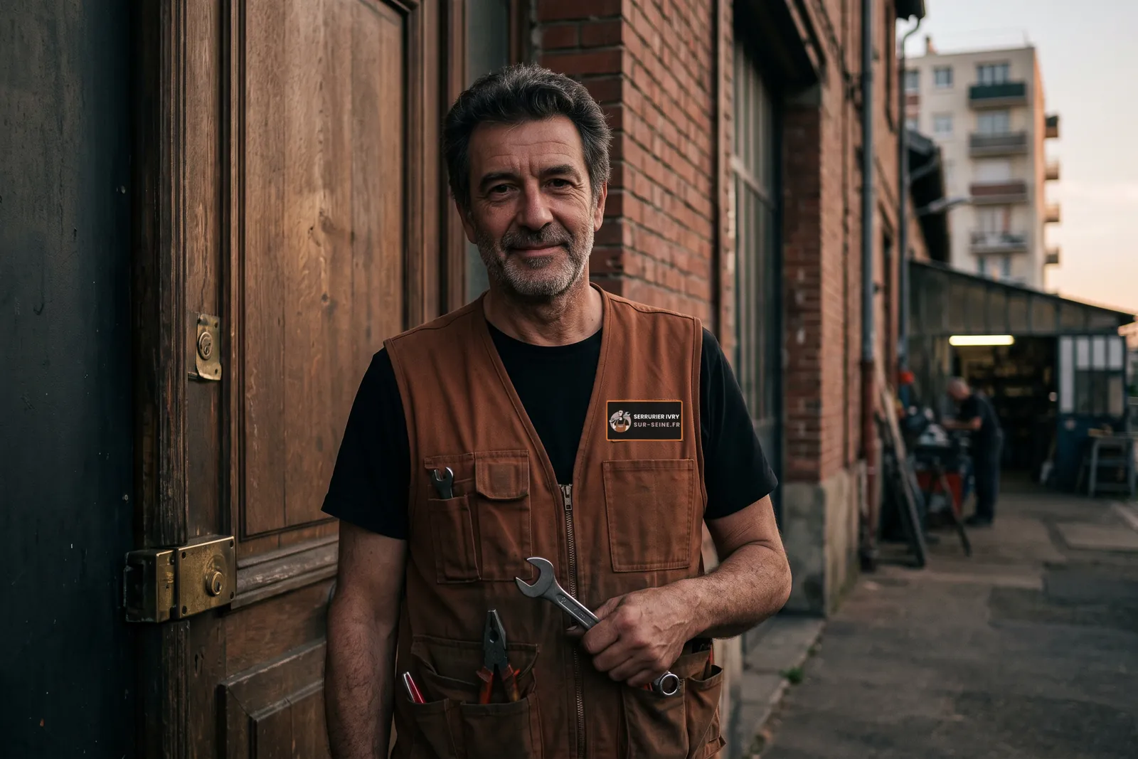 Votre serrurier à Ivry-sur-Seine devant une porte d'immeuble en brique, gilet de travail aux couleurs de Serrurier Ivry-sur-Seine