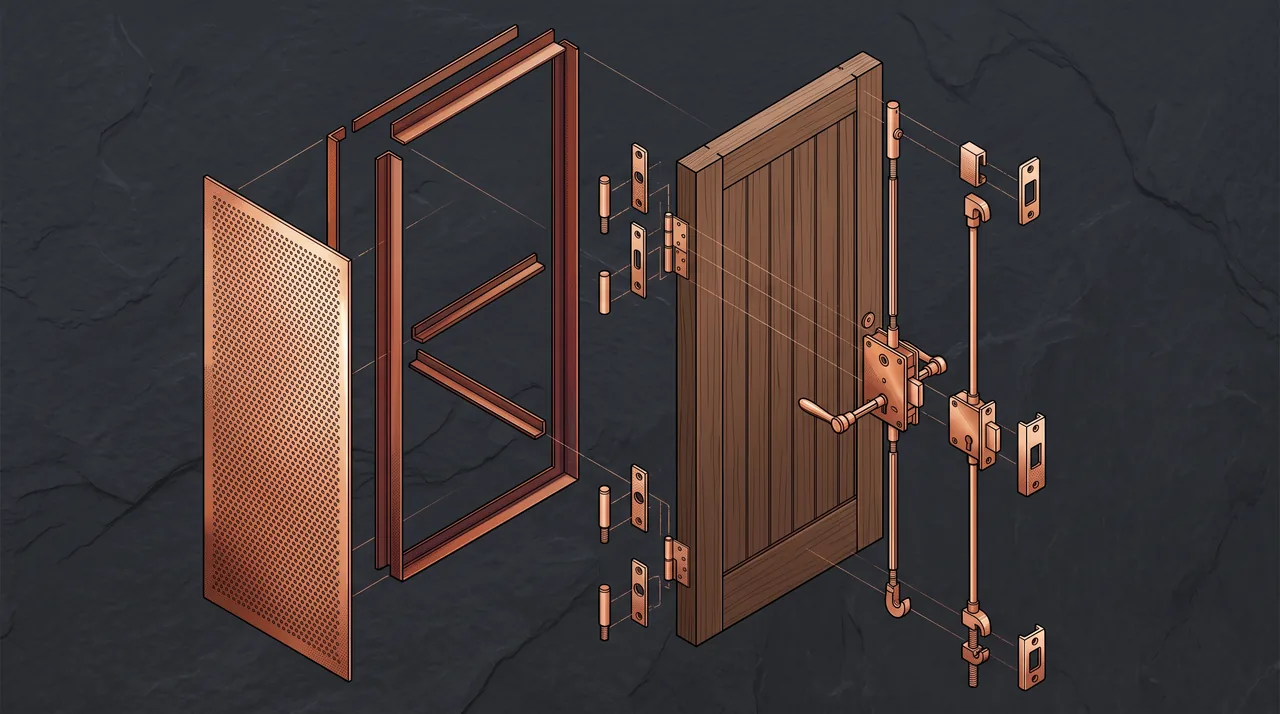 Illustration éclatée d'un blindage sur porte existante : tôle, cornières, paumelles et serrure multipoints
