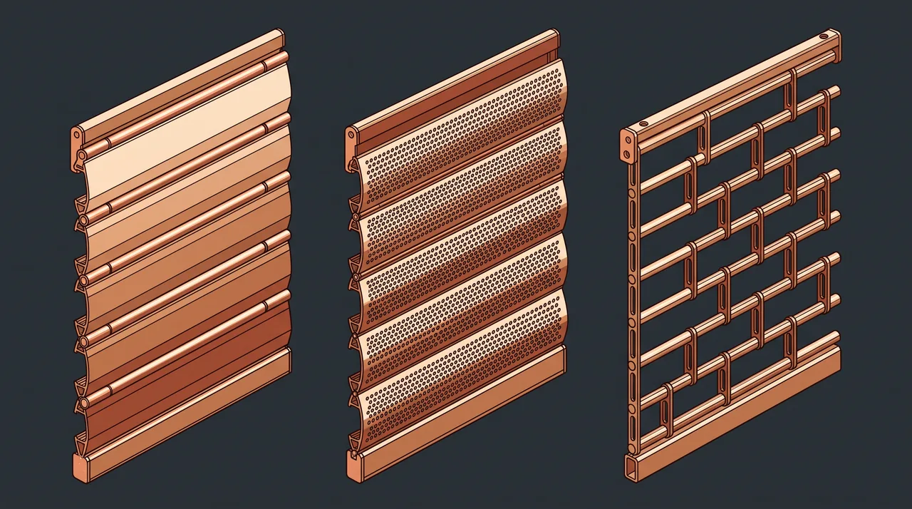 Illustration de trois types de lames de rideau métallique : pleines, micro-perforées et grille