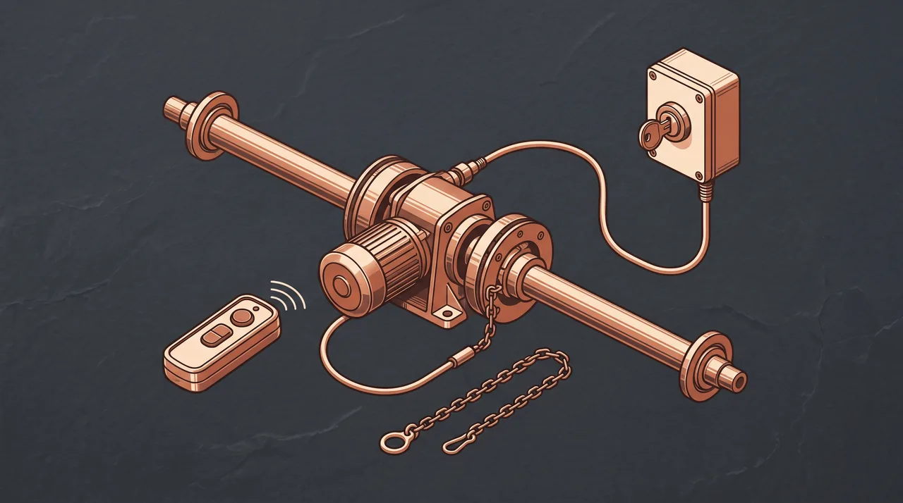 Illustration d'une motorisation de rideau métallique : moteur central, boîtier à clé et télécommande