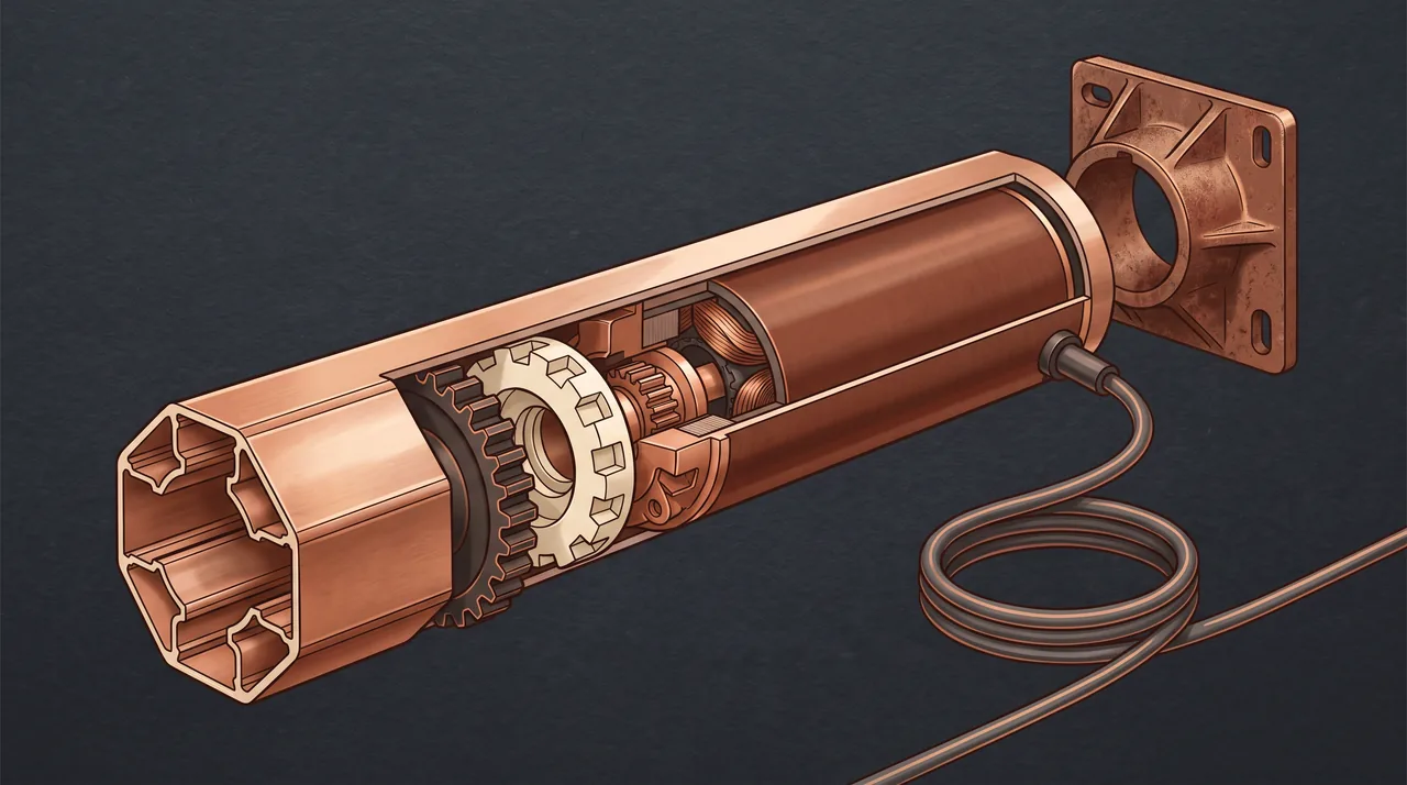 Coupe illustrée d'un moteur tubulaire dans l'axe d'un volet roulant