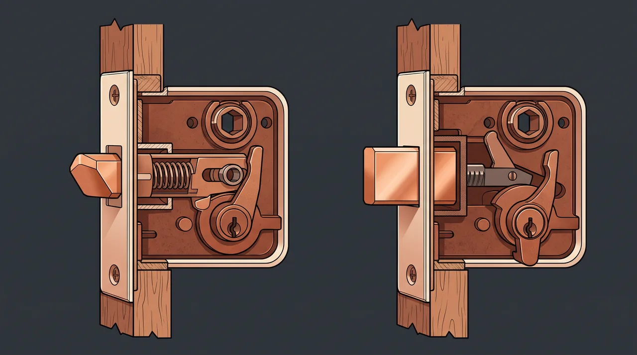 Comparaison illustrée d'une porte claquée et d'une porte fermée à clé vues en coupe