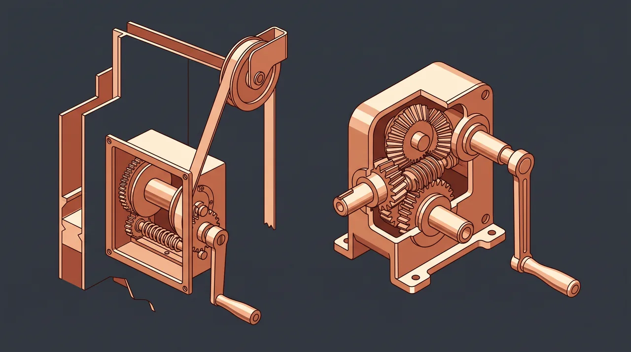Illustration des commandes manuelles d'un volet roulant : sangle et enrouleur, treuil et manivelle