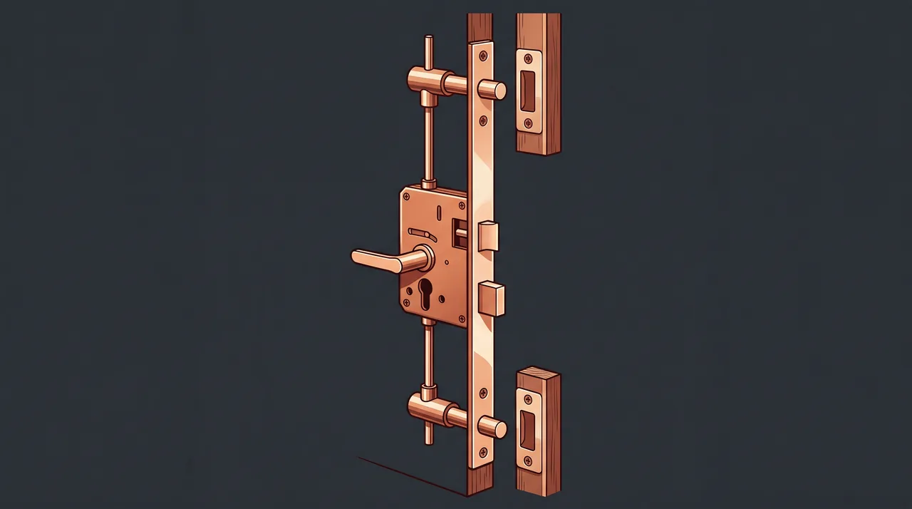 Illustration d'une serrure multipoints : boîtier, tringles et points de fermeture