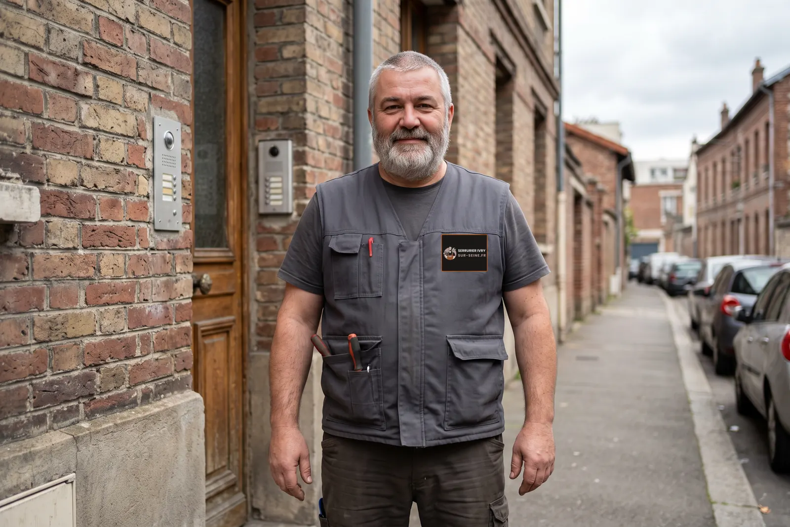 Votre serrurier à Ivry-sur-Seine devant un immeuble en brique, gilet de travail avec l'écusson Serrurier Ivry-sur-Seine